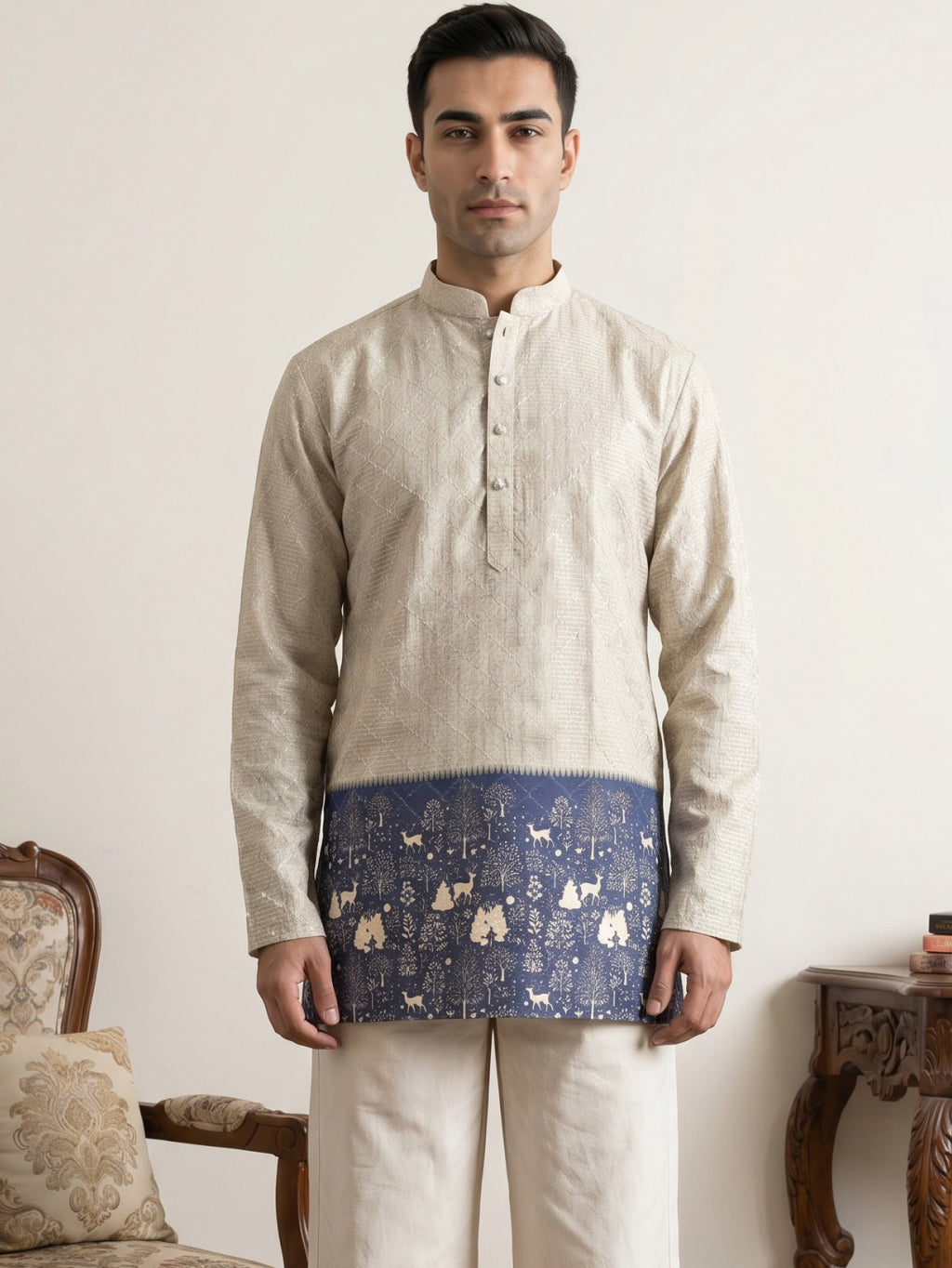 DesiQlo Men Printed Kurta Only - Beige - 65KO_5591Beige_S