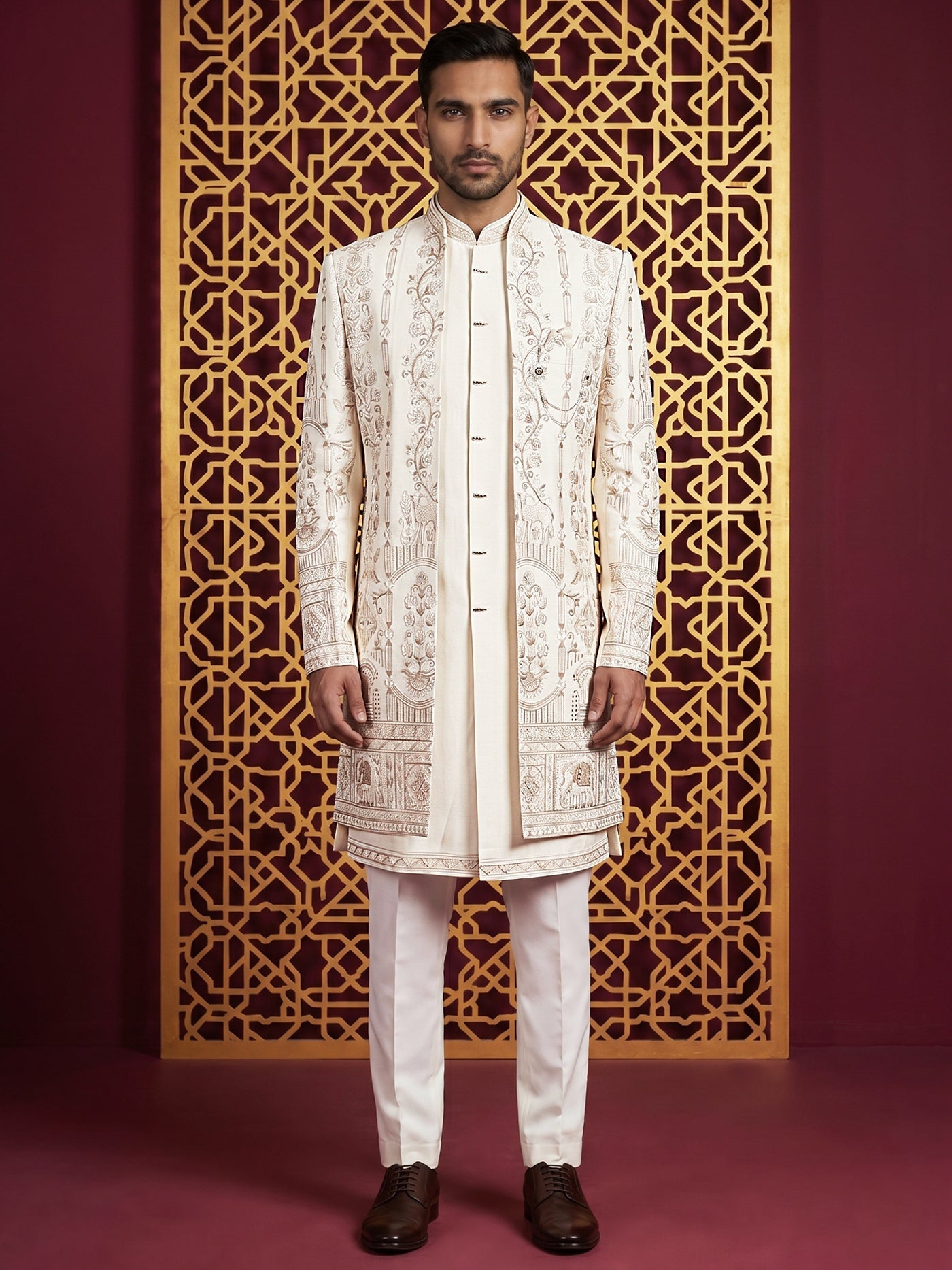 DesiQlo Men Embroidered Indo Western Set - White - 50JIND_220Off-White