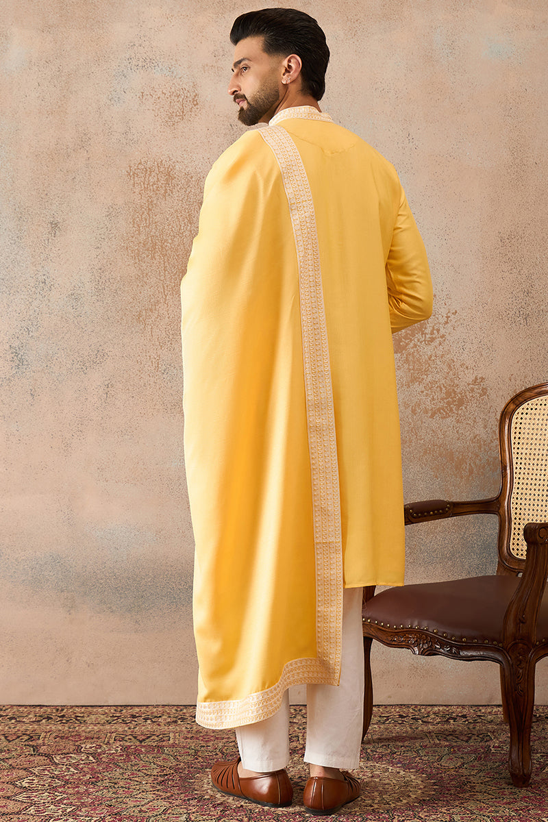 Yellow Silk Blend Woven Design Floral Straight Kurta with Dupatta MKUD1037