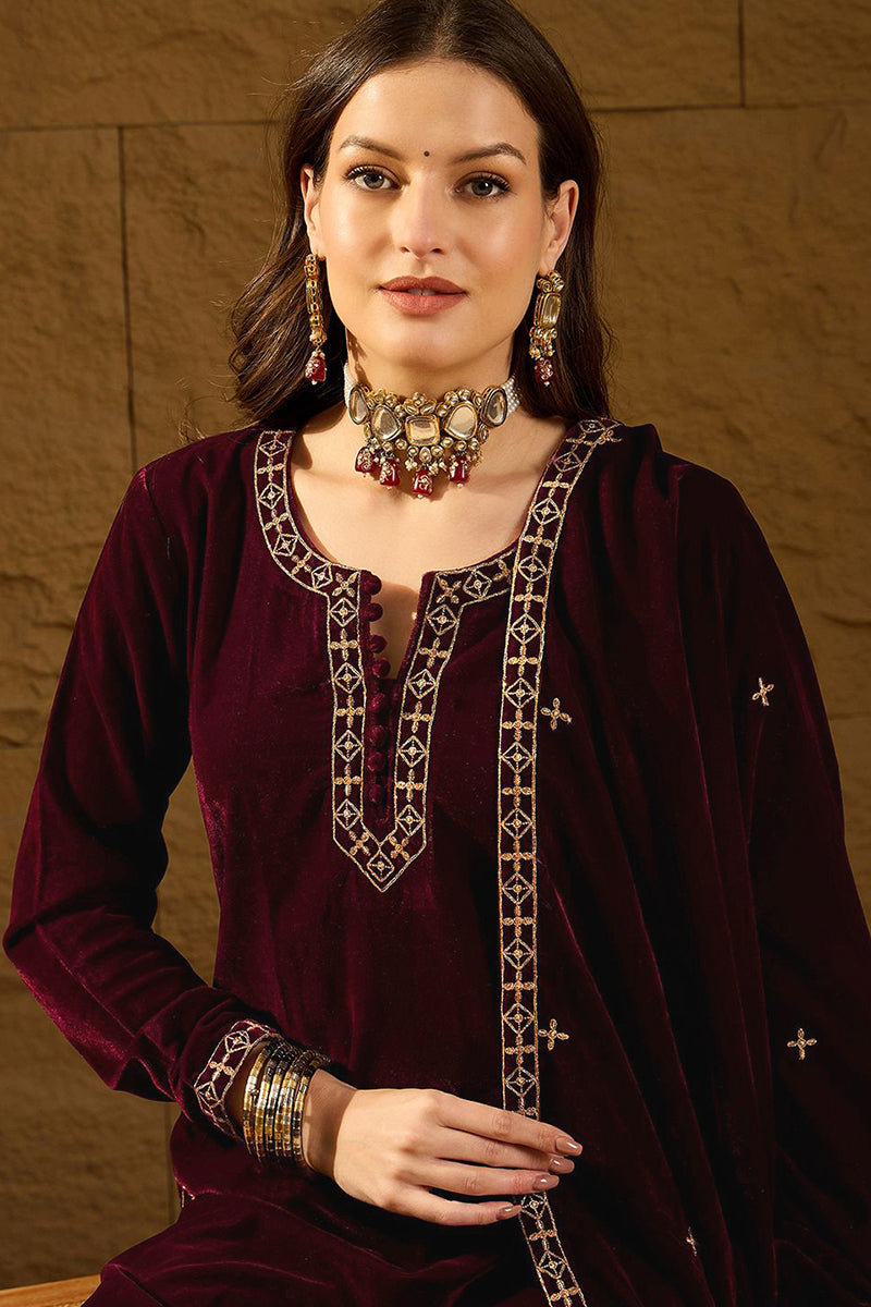 Purple Velvet Solid Embroidered Straight Palazzo Suit Set PKSKD2273 | 