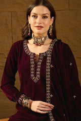 Purple Velvet Solid Embroidered Straight Palazzo Suit Set PKSKD2273
