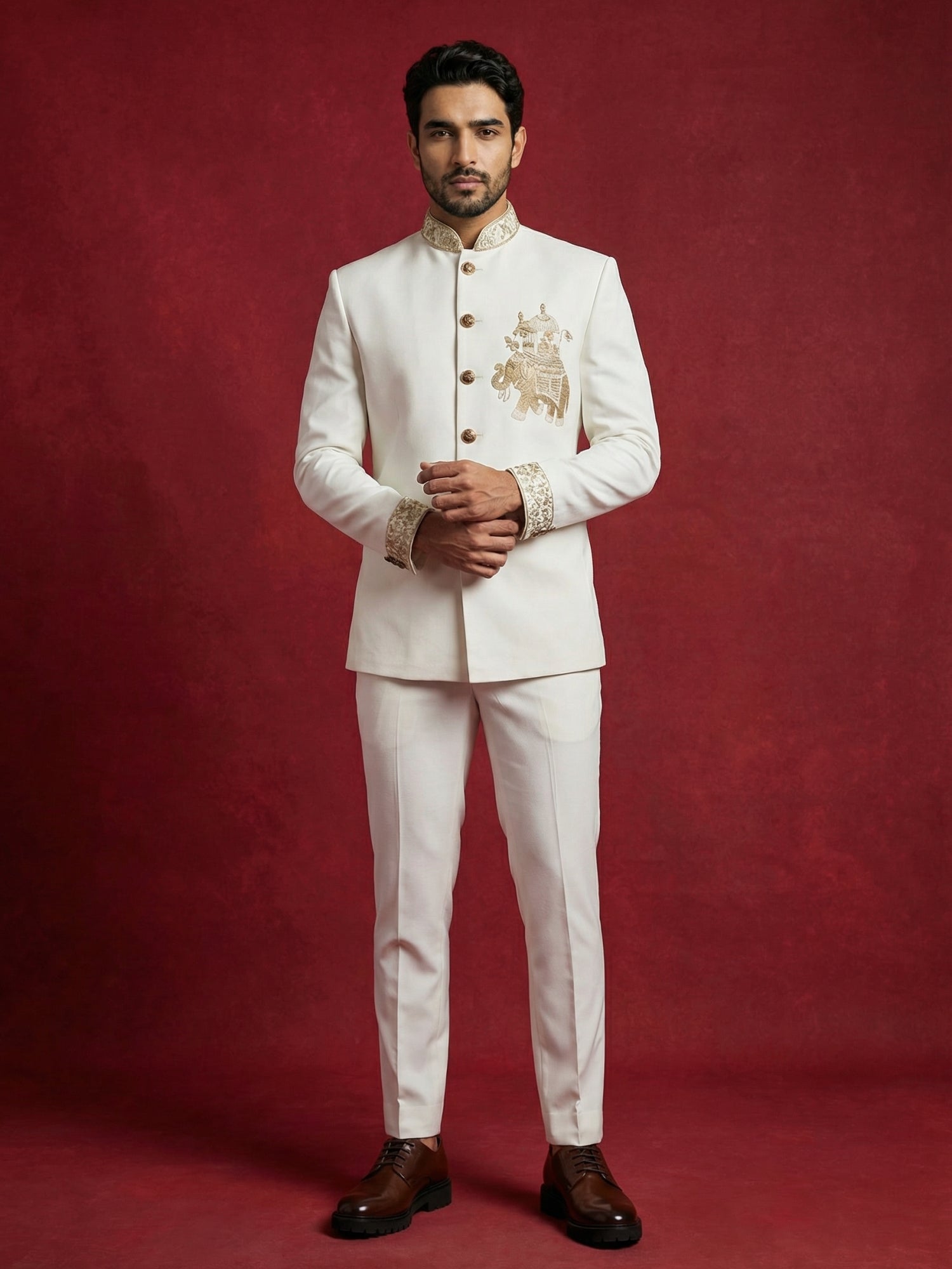 DesiQlo Men Embroidered Indo Western Set - White - 50JIND_156White_S