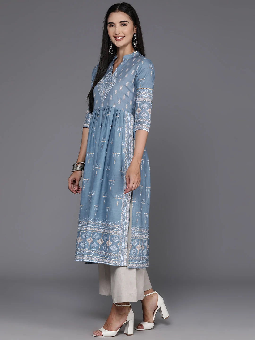 Blue & White Geometric Cotton Kurta - Indian Kurta Ladies