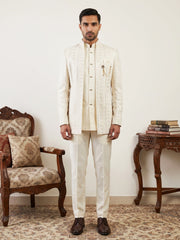 Silk Blend Sequin & Embroidered Indo-Western Set ( 50JIND 226Cream )