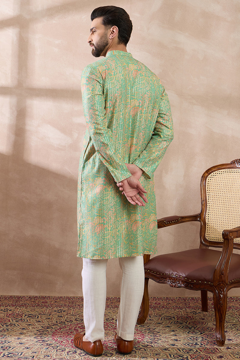Green Silk Blend Printed Mandarin Collar Straight Kurta With Trouser MKSET2113