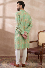 Green Silk Blend Printed Mandarin Collar Straight Kurta With Trouser MKSET2113