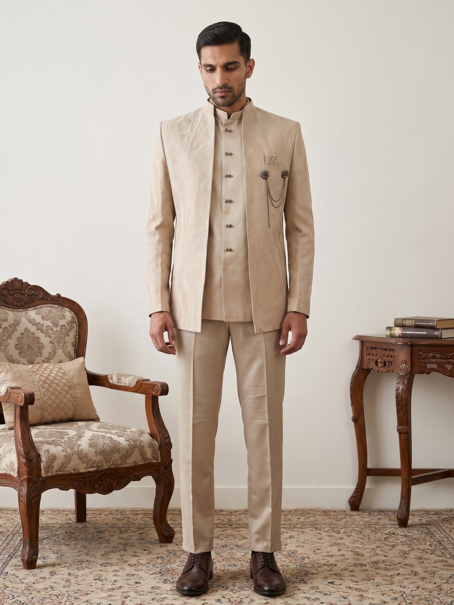 DesiQlo Men Embroidered Indo Western Set - Beige - 50JIND_218Beige_S