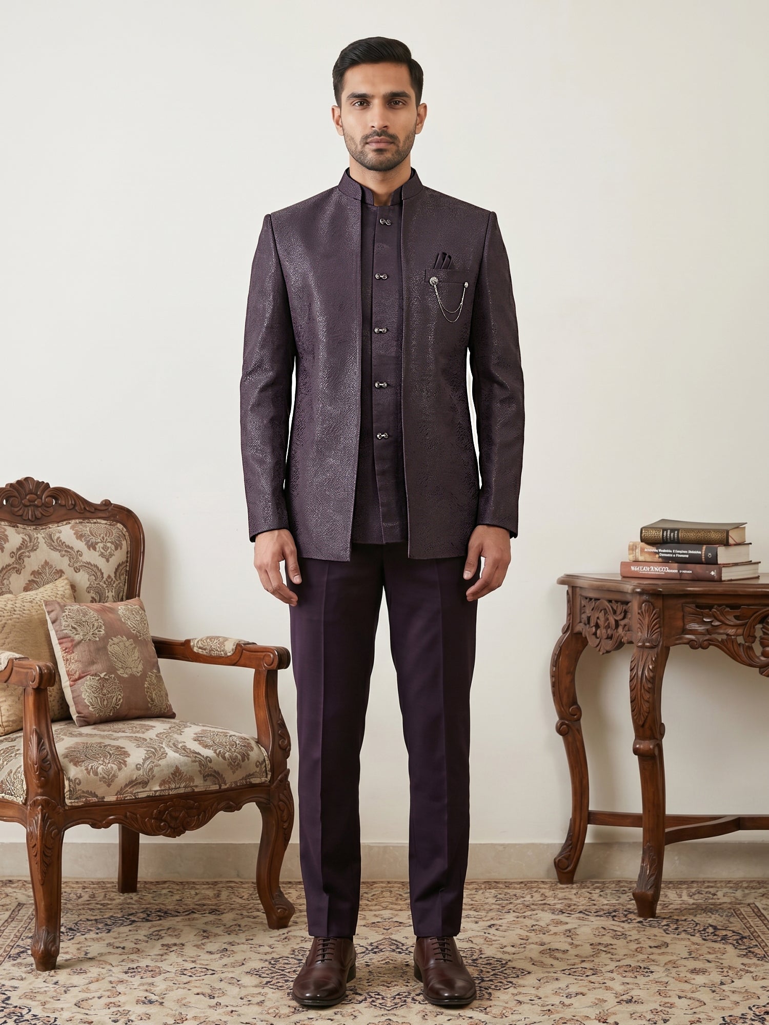 DesiQlo Men Self Design Indo Western Set - Purple