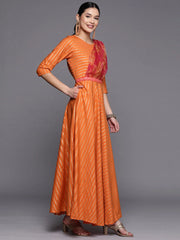 Orange Crepe Gold Print Dress-AHDRCRFP-958