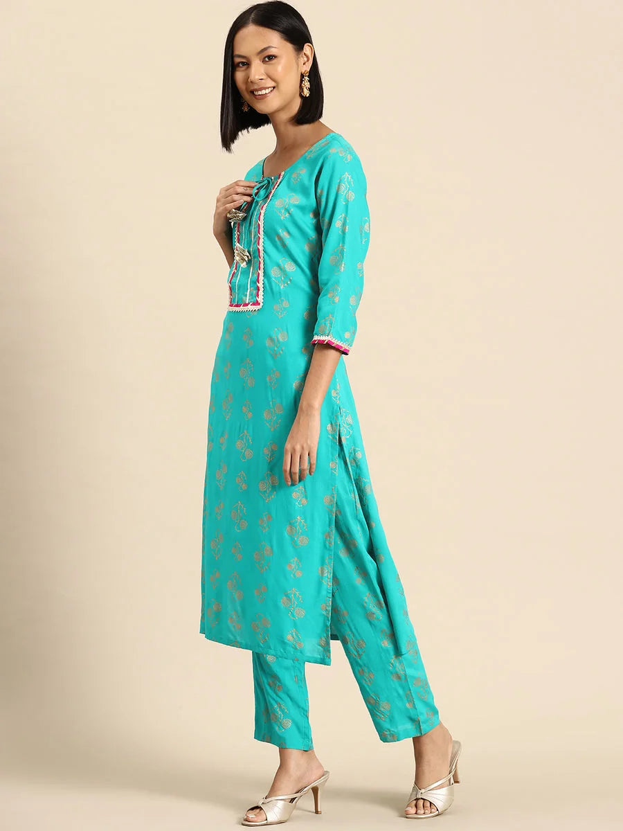 Mint Blue Print Kurta Pyjama with Gota Work | Stylish Cotton Tops