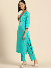 Kurta Pyajama with gota work in Mint Blue Print