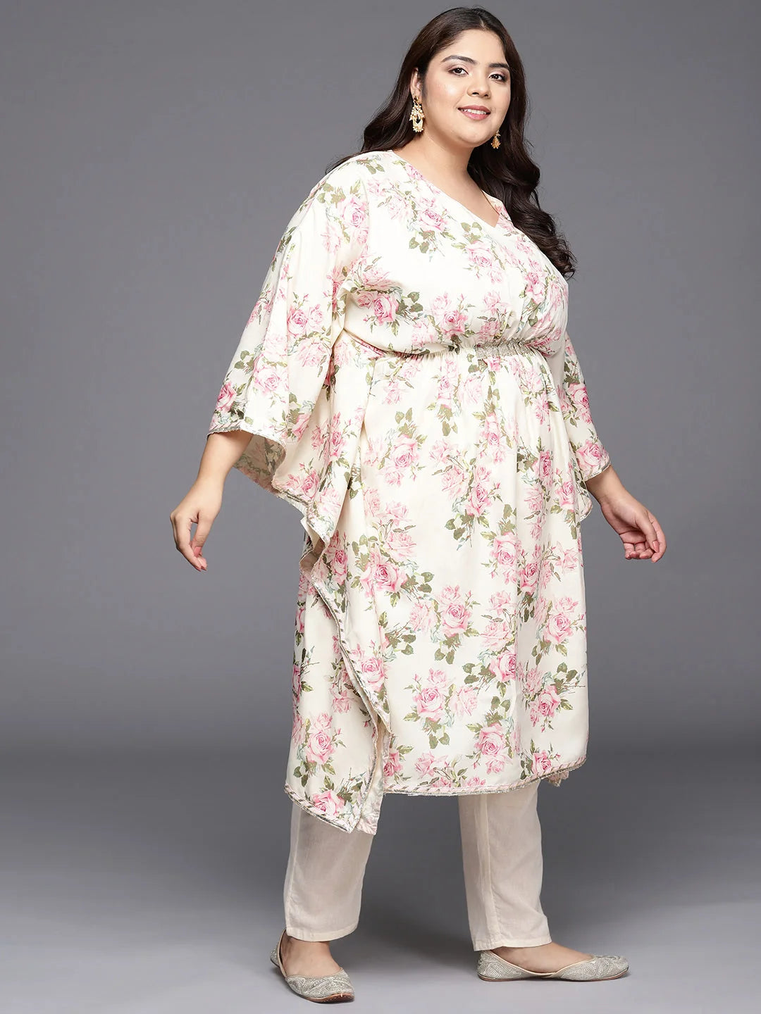 Off White Floral Kaftan Kurta - Plus Size Women's Dresses
