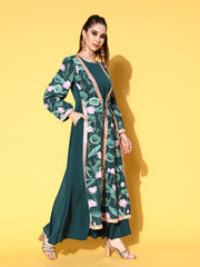 Green Floral Printed Layered Maxi Ethnic Dress with Waist Tie-Ups-AHEDCRDP-132