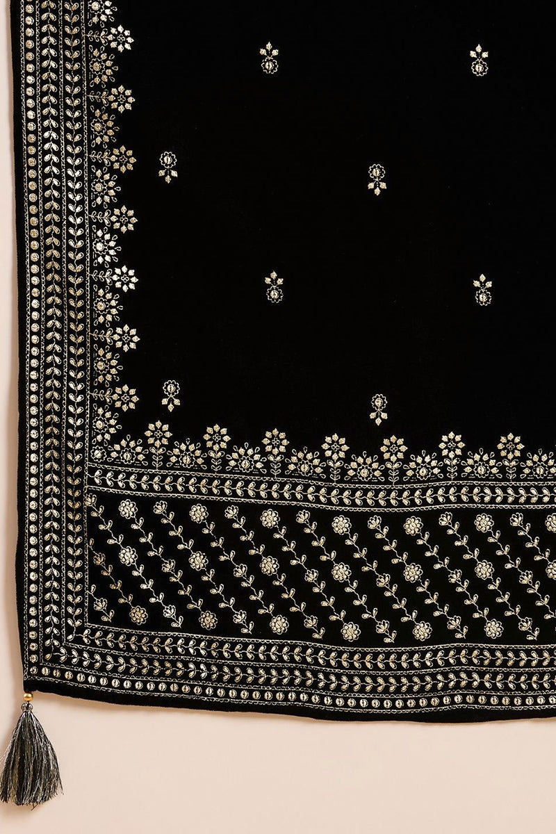 Black Velvet Ethnic Motifs Printed Straight Trousers Suit Set PKSKD292