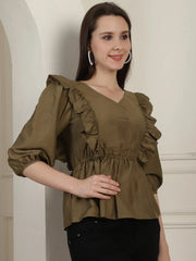 Brown Solid Women's Top With Frills-JNT-2024Brown