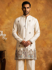 Silk Blend Embroidered Kurta for Men ( 65KO 5599Cream ) [FF] [G-4]