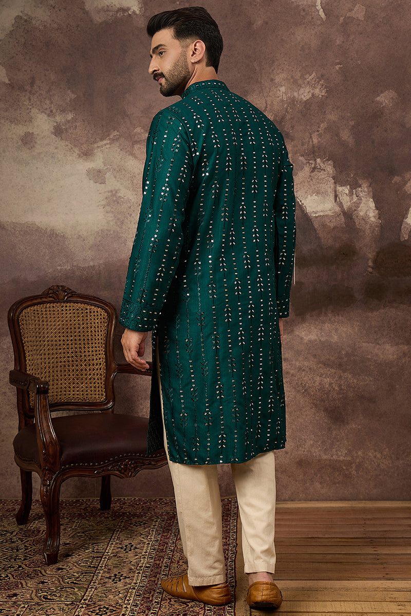 Teal Silk Blend Solid Embroidered Straight Kurta MKU1357