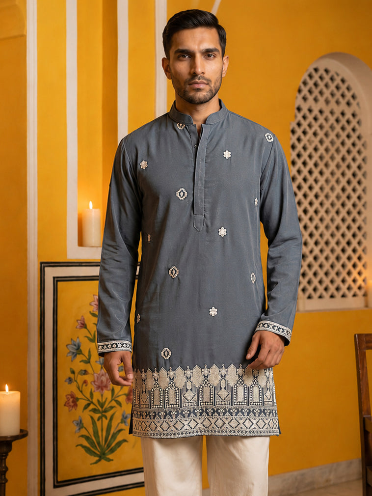 DesiQlo Men Printed Kurta Only - Grey - 65KO_5594Grey_S