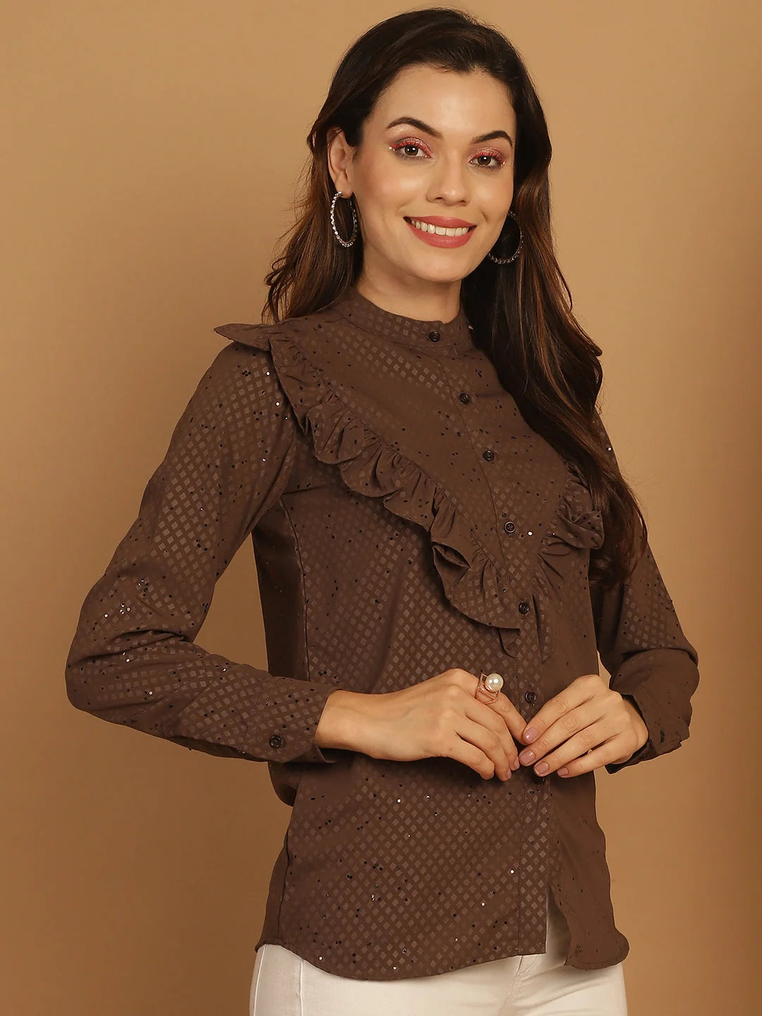 Coffee Brown Frill Top - Women's Blouses and Women's Shirts