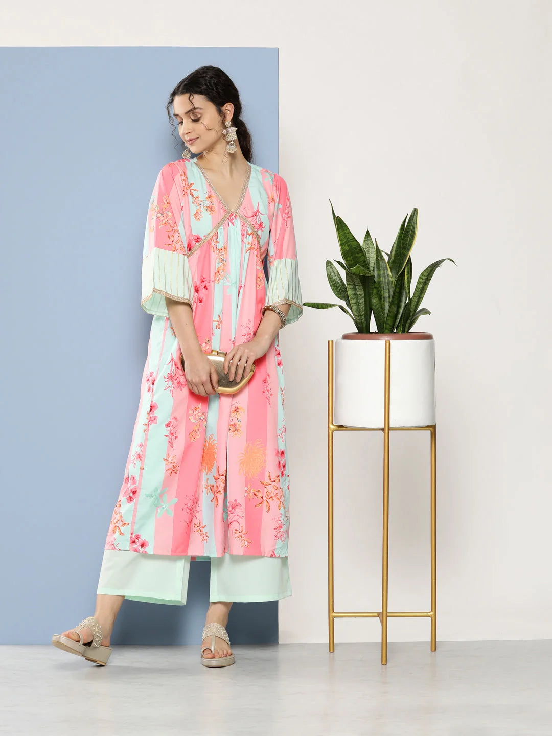 Floral Kurta Palazzo Set - Pink & Blue Gotta Patti | Women's Set