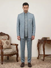 Men's Cotton Blend Embroidered Indo-Western Set ( 50JIND 218Sky )