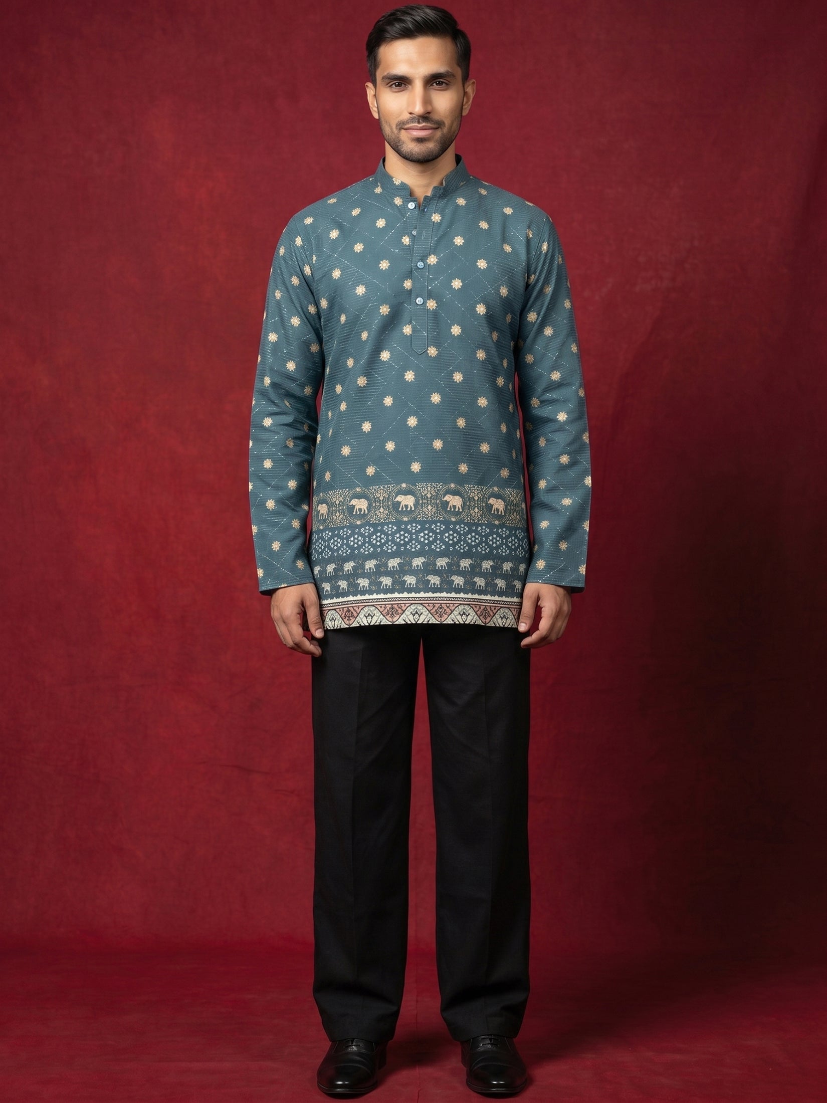 DesiQlo Men Printed Kurta Pyjama Set - Green - 65KP_PJ11B_5593Teal_S