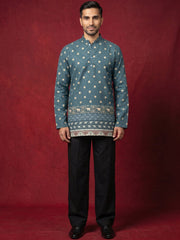 Men's Cotton Blend Printed Kurta with Korean Pants Set ( 65KP PJ11B 5593Teal ) [FF] [H-9]