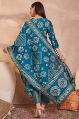 Blue Cotton Blend Abstract Printed Straight Kurta Trouser With Dupatta VKSKD3212