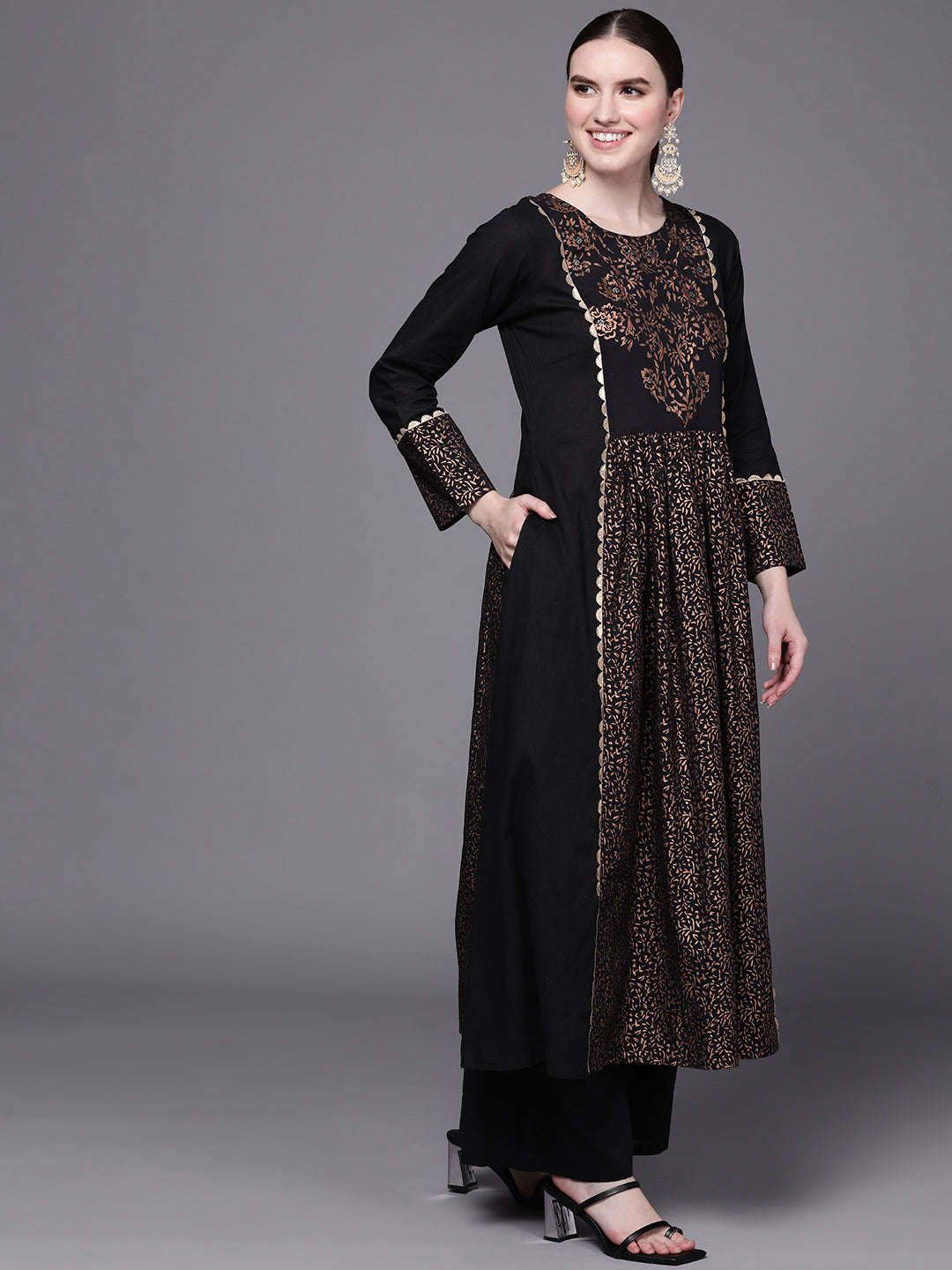 Black Floral Cotton Kurta Palazzo Set | Women's Indian Fashion