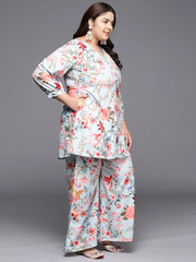 Grey & Pink Floral Printed Plus Size Tunic with Palazzos-AP-AHTUPZ-COMBO-613-ICH