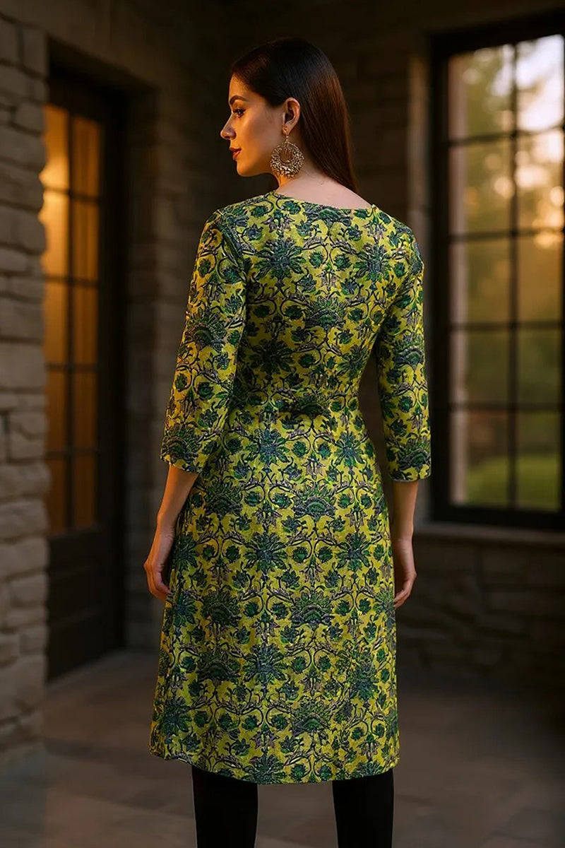 Women Cotton Printed Simple Function Wear Green Kurti VCK1528 | DesiQl
