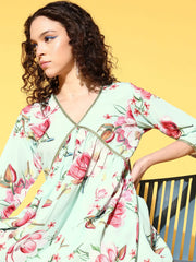 Women's Sea Green Floral Printed Pleated Sharara Set-AHTUSH-COMBO-581