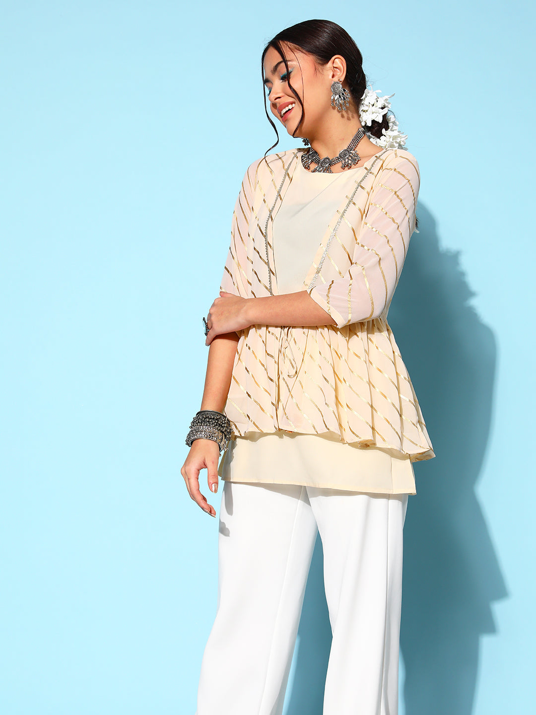 Off-White Tie-Up Tunic Top | Stylish Indian Kurta for Women