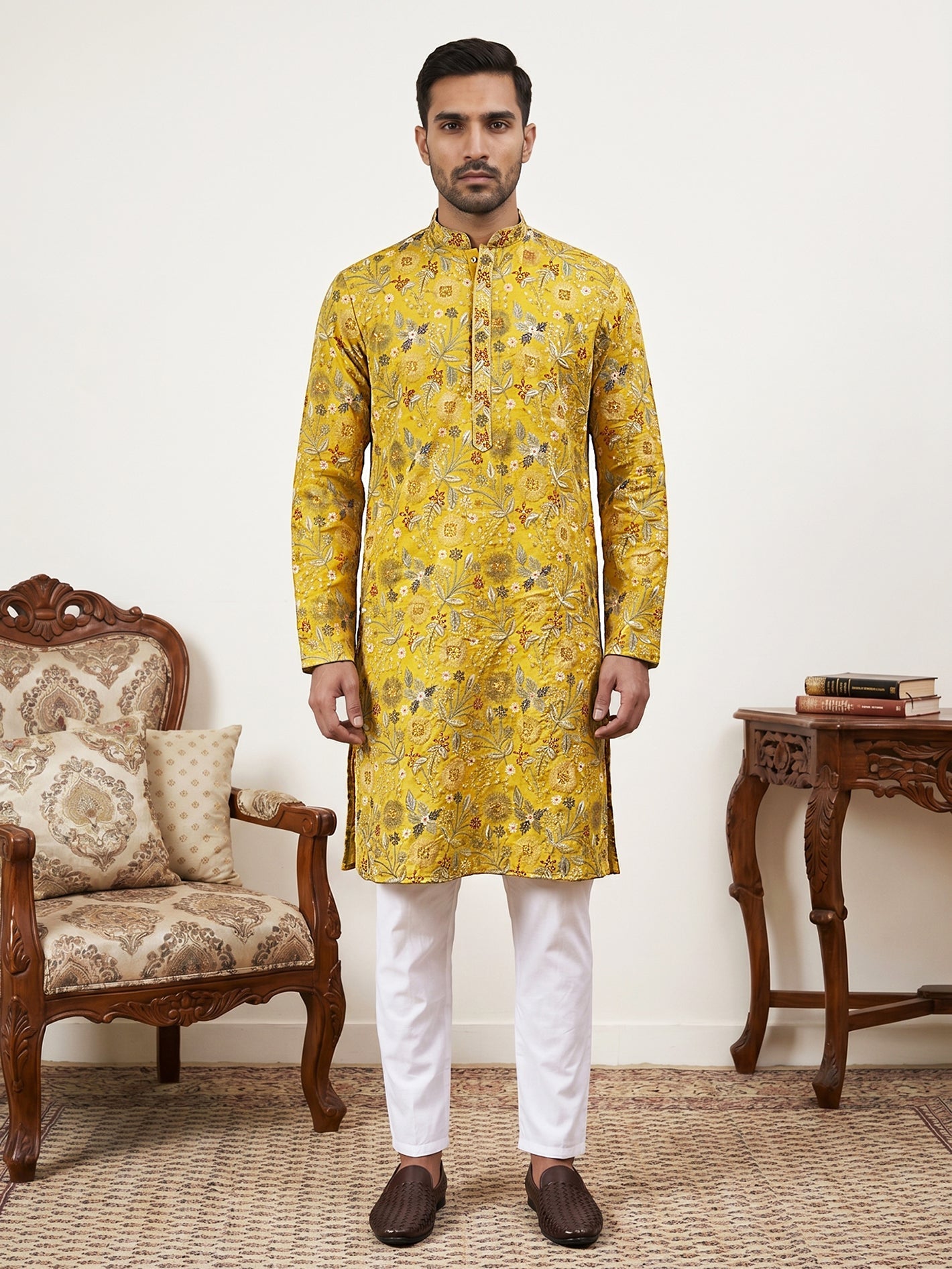 DesiQlo Men Embroidered Kurta Pyjama Set - Yellow - JOKP_P_5227Mustard