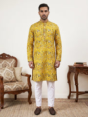 Silk Blend Floral Embroidered Kurta Pyjama Set ( JOKP P 5227Mustard )