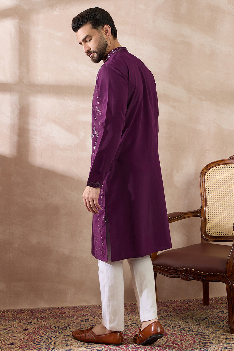 Purple Silk Blend Embroidered Mandarin Collar Straight Kurta With Trouser MKSET2078