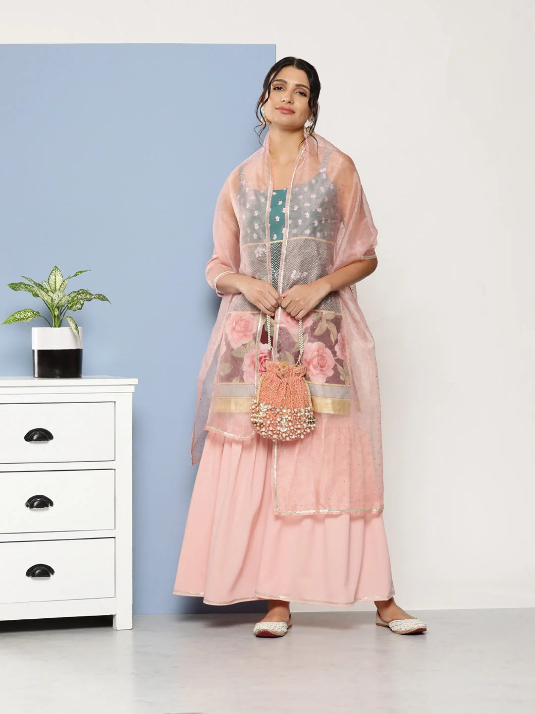 Green & Pink Sharara Set: Floral Designer Sharara Suits