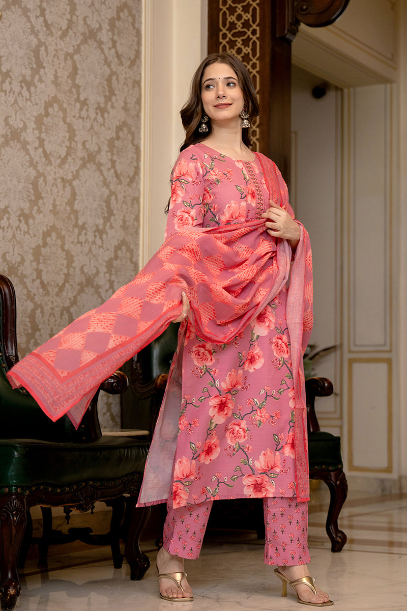 Pink Rayon Blend Floral Printed Straight Trouser Bottom Suit Set PKSKD