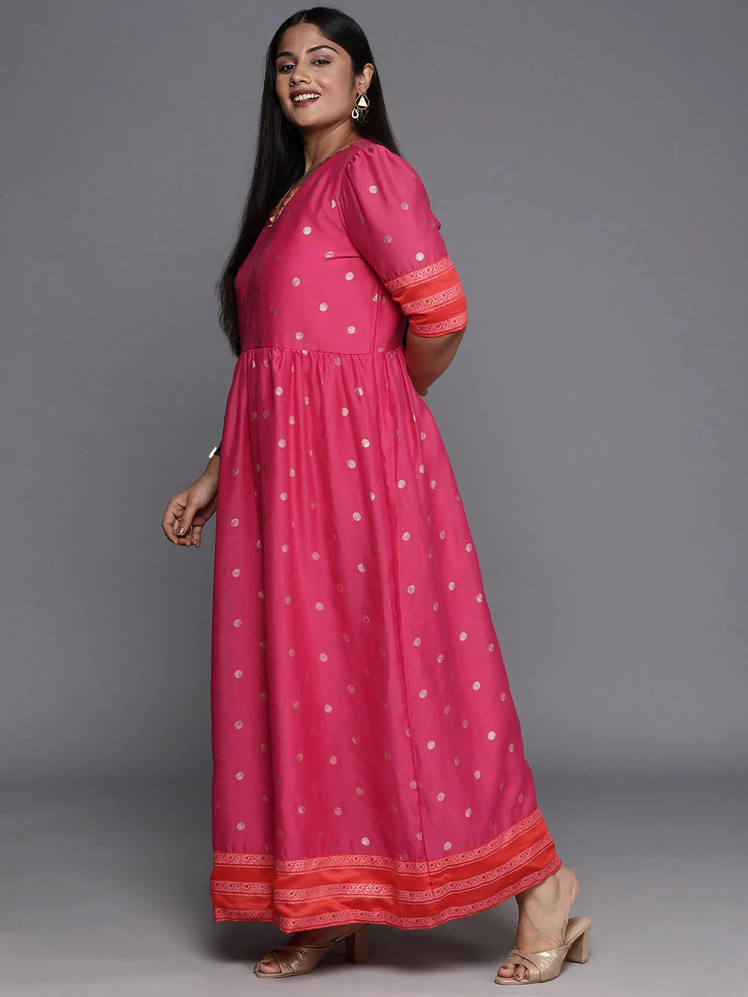 Pink & Gold Polka Dot Maxi | Plus Size Indian Cotton Dresses