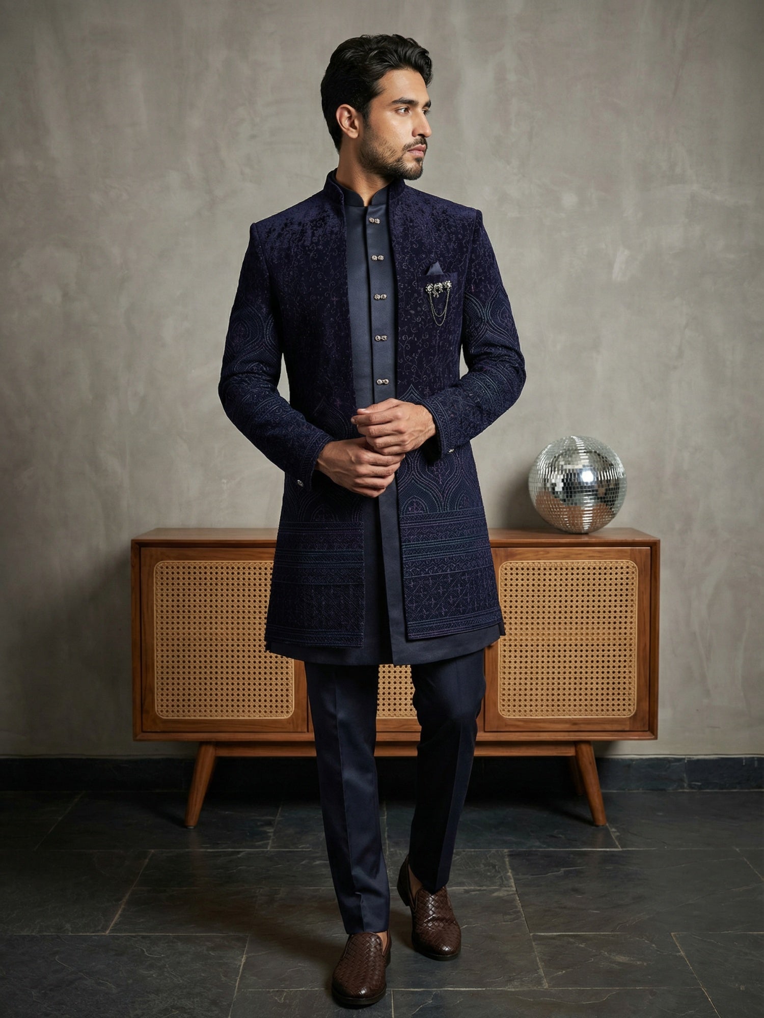 DesiQlo Men Embroidered Indo Western Set - Blue - 50JIND_130Navy_S