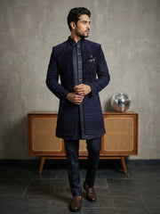 Men’s Navy Blue Embroidered Indo-Western Set ( 50JIND 130Navy S )