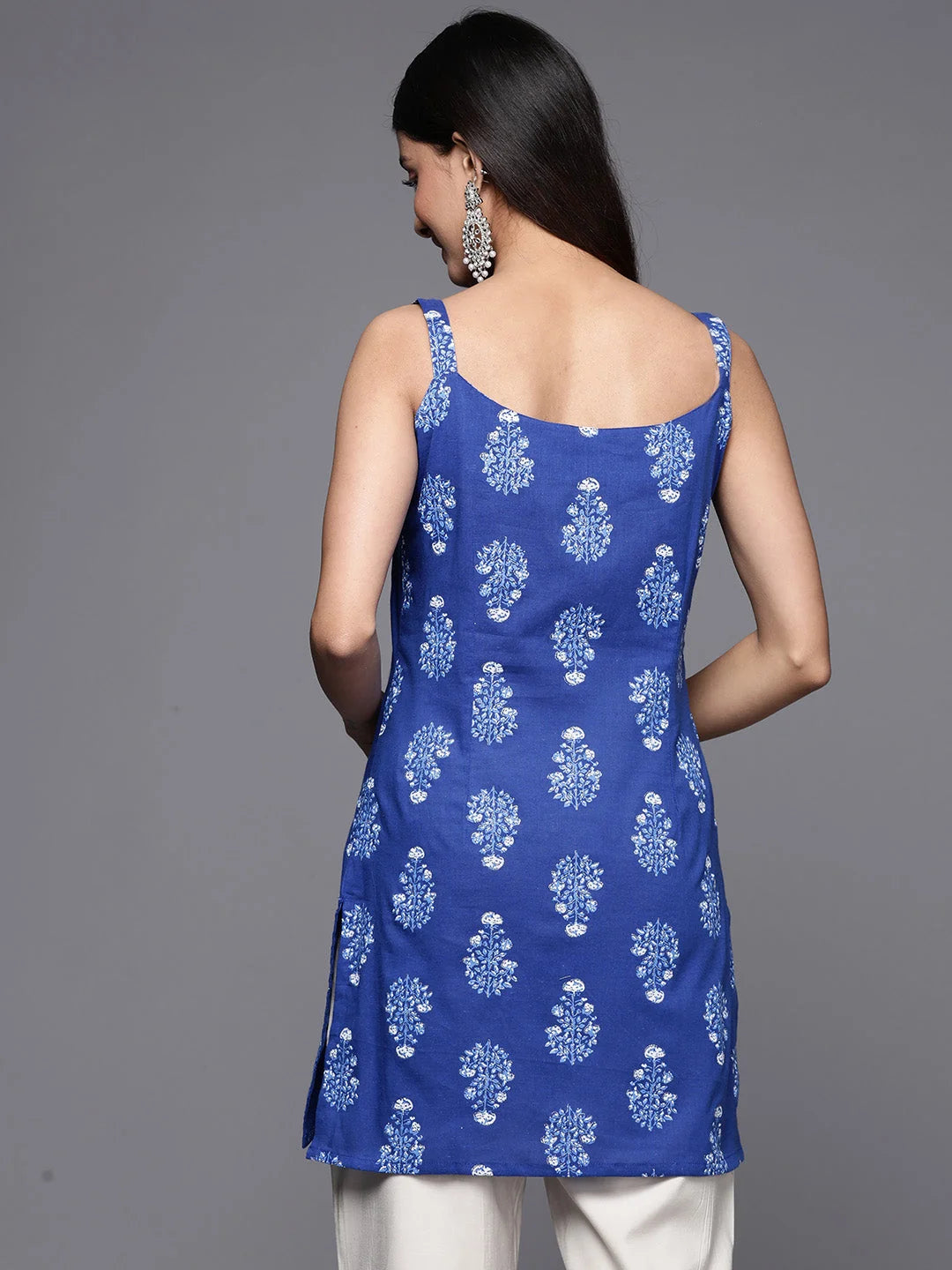 Blue & White Floral Cotton Tunic Top - Indian Kurta for Women