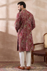 Red Silk Blend Printed Mandarin Collar Straight Kurta With Trouser MKSET1959