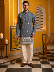 Men's Japanese Fabric Embroidered Kurta with Korean Pants Set ( 65KP PJ11W 5594Grey ) [FF] [G-4]