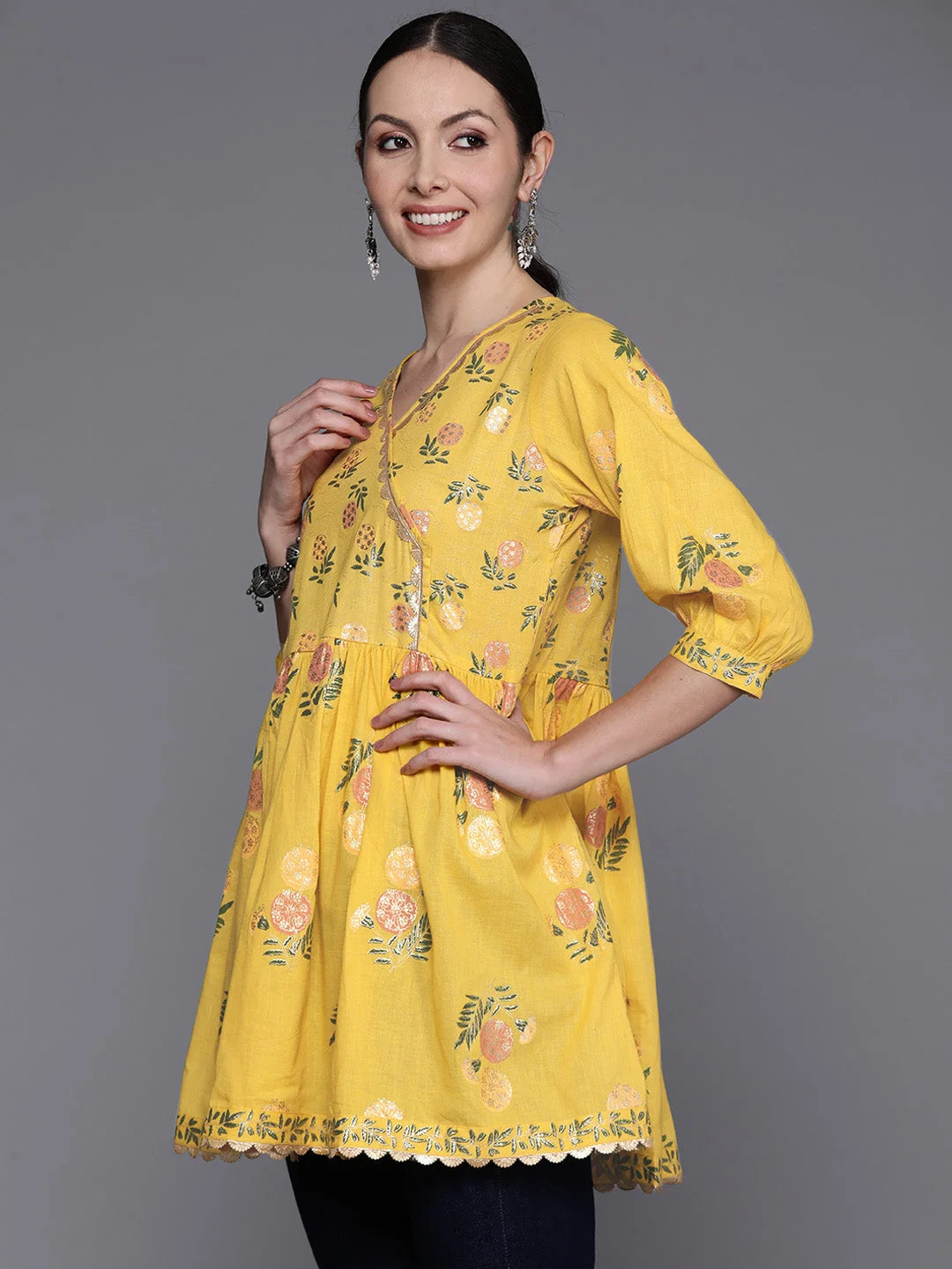 Floral Cotton Tunic Top - Mustard Yellow & Green Indian Kurtis