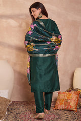 Green Silk Blend Solid Embroidered Straight Kurta Trouser With Dupatta PKSKD3101