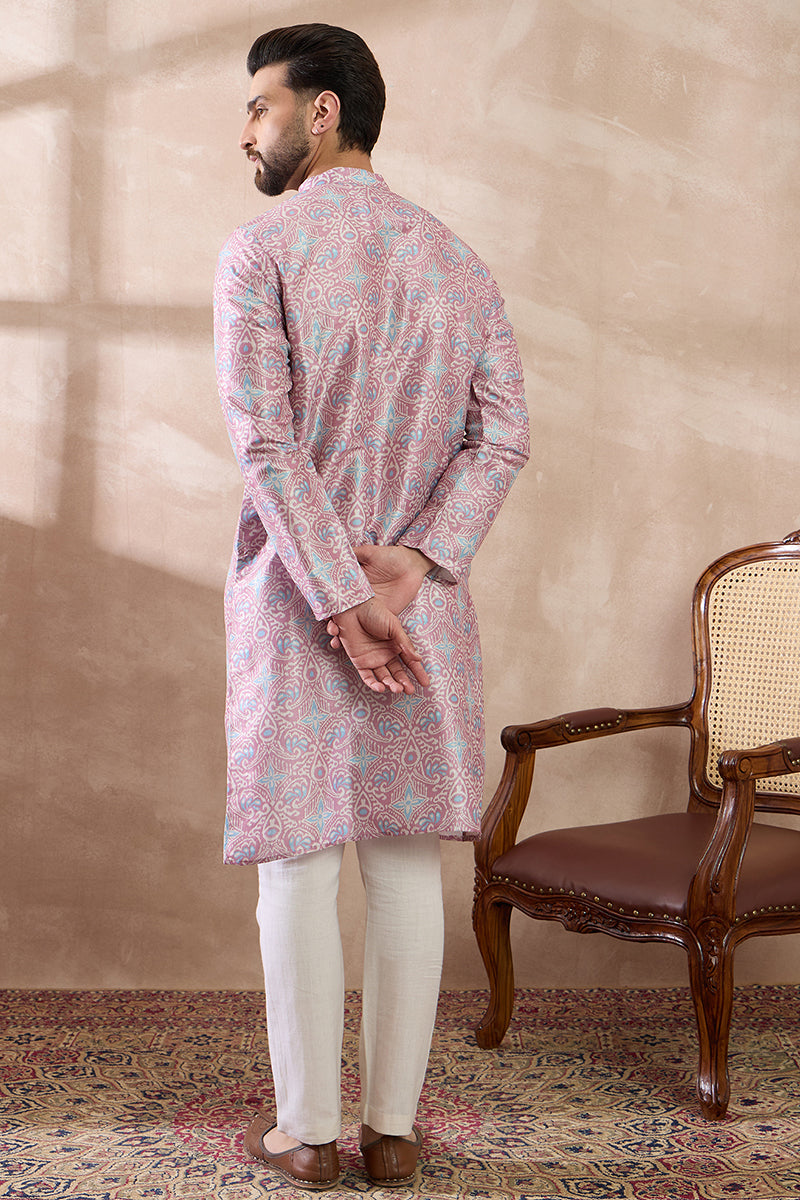Lavender Silk Blend Printed Mandarin Collar Straight Kurta MKU1985