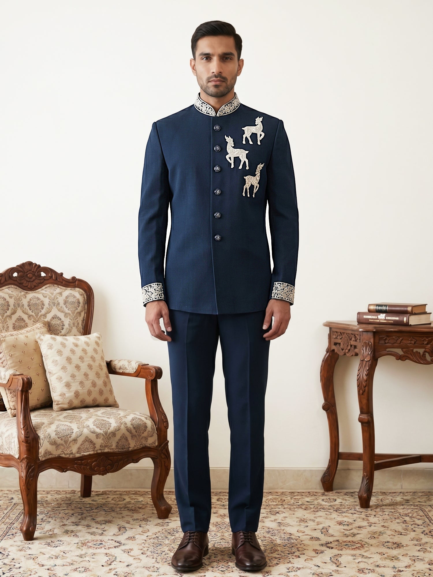 DesiQlo Men Embroidered Indo Western Set - Blue - 50JIND_216Navy_S