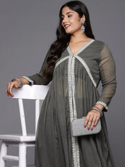Grey Glitter Printed Plus Size High Slit Kurta with Trousers-AP-AHKUPN-COMBO-735