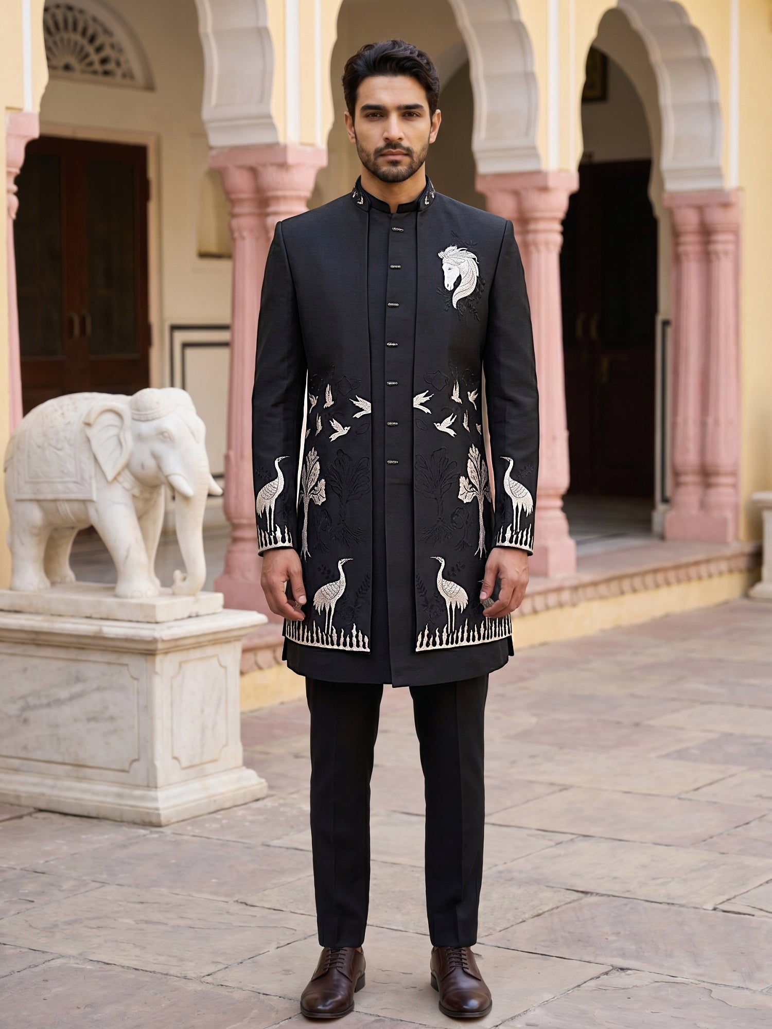 DesiQlo Men Embroidered Indo Western Set - Black - 50JIND_225Black_S